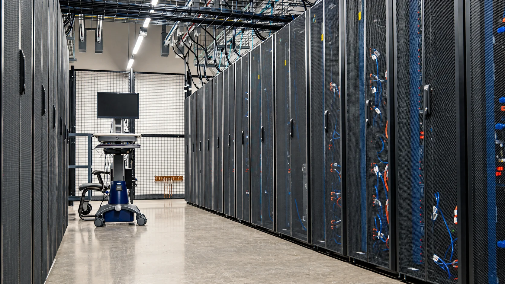 Data centre aisle with rows of server racks and overhead cable trays