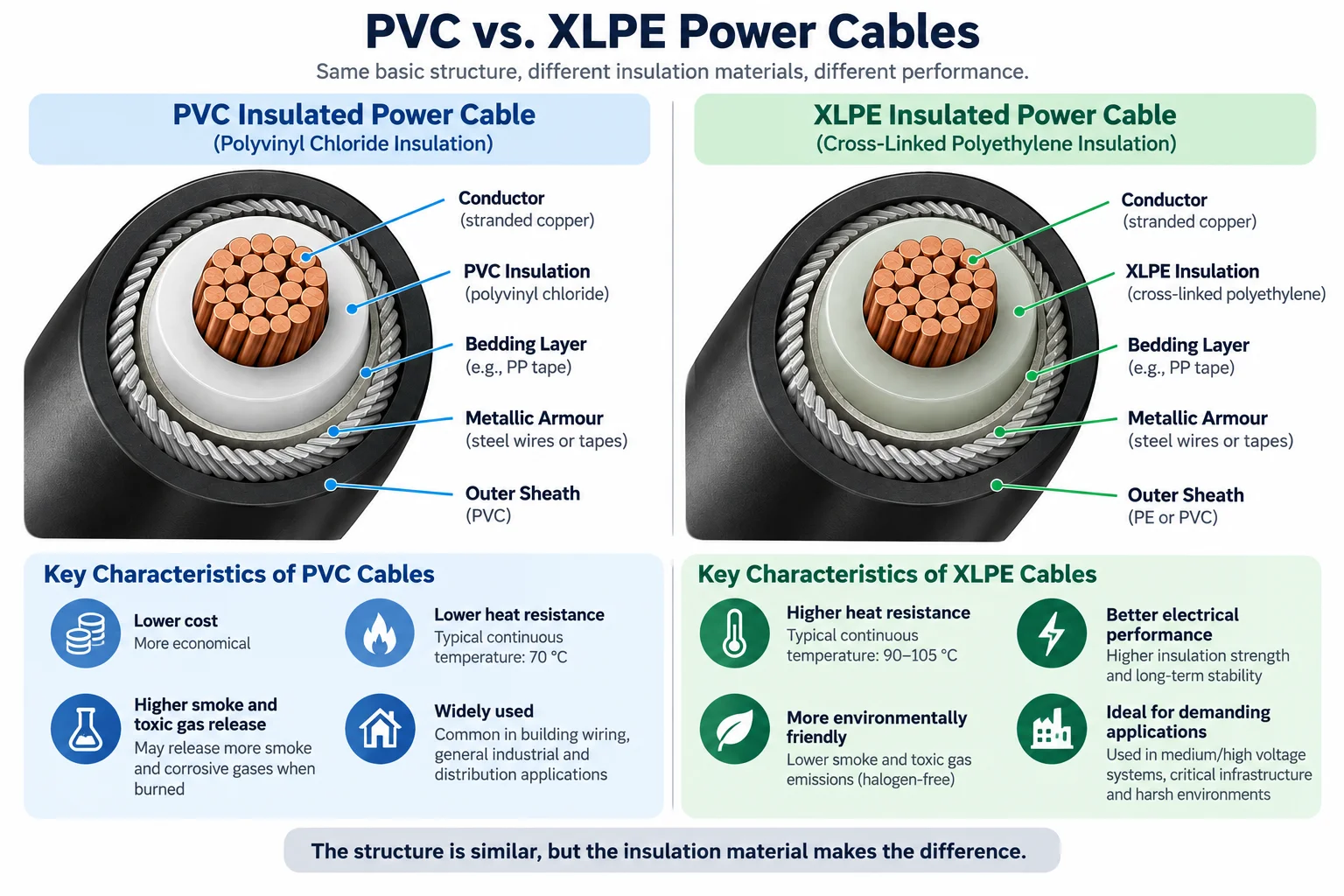 PVC vs. XLPE power cable cross-section comparison, showing cable layers and differences in heat resistance, electrical performance, cost, and applications.