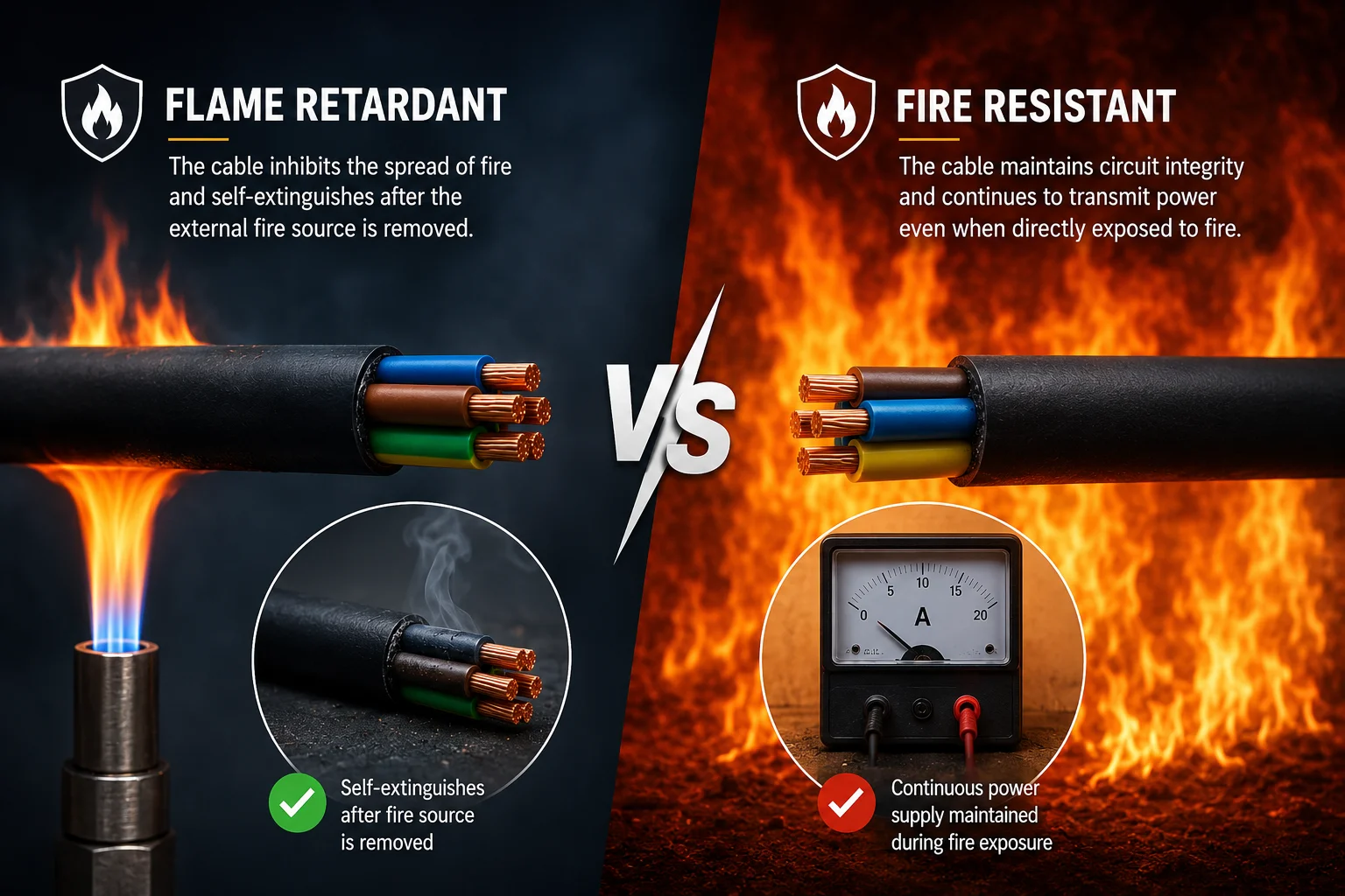 Flame retardant vs fire resistant cable comparison showing self-extinguishing performance and continuous power transmission during direct fire exposure | Hongce Cable