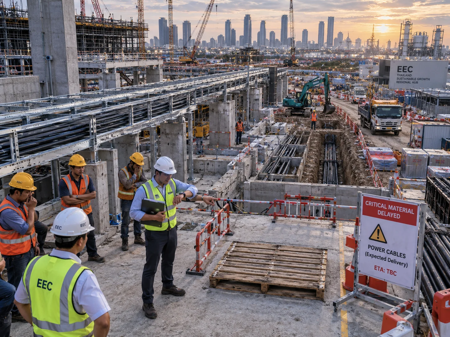 Hongce Cable Construction Site Workers waiting on a delayed power cable shipment at a Bangkok project site