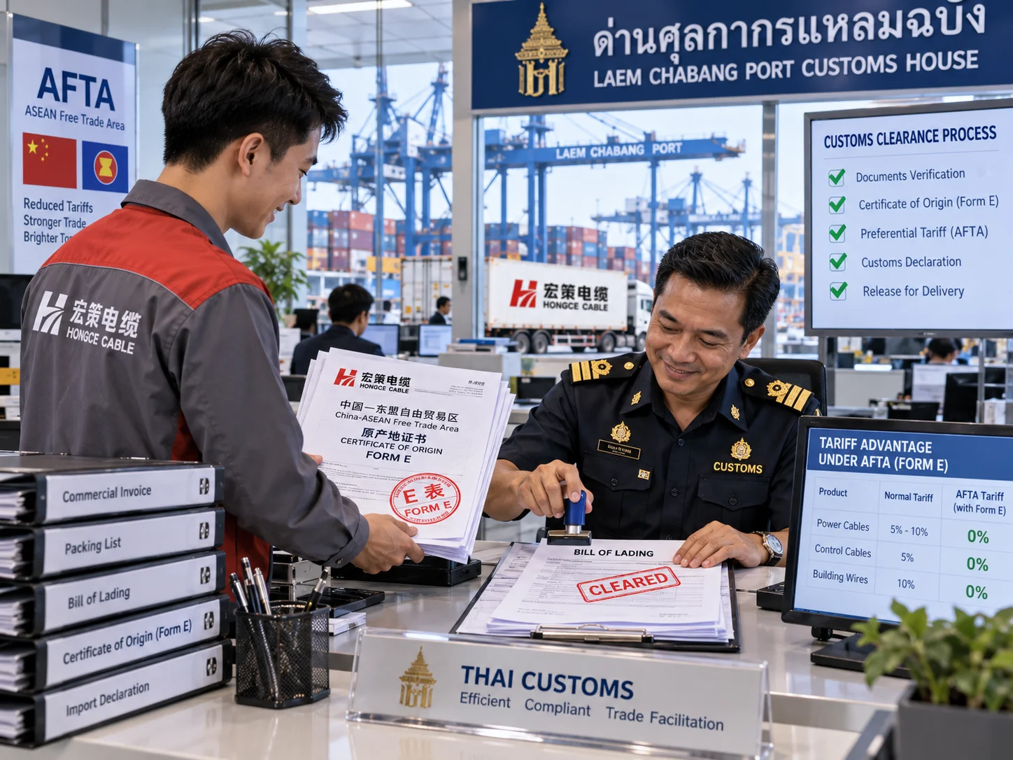 Hongce Cable Customs Documentation Reviewing Form E certificate for smooth clearance at Laem Chabang Port