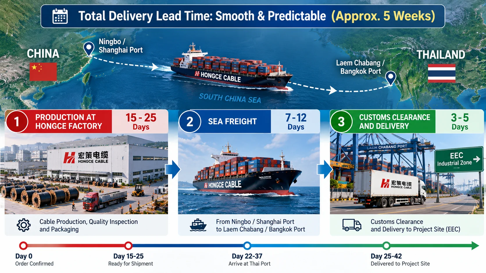 Hongce Cable Supply Chain Timeline Infographic showing production, sea shipping, and delivery from China to Thailand