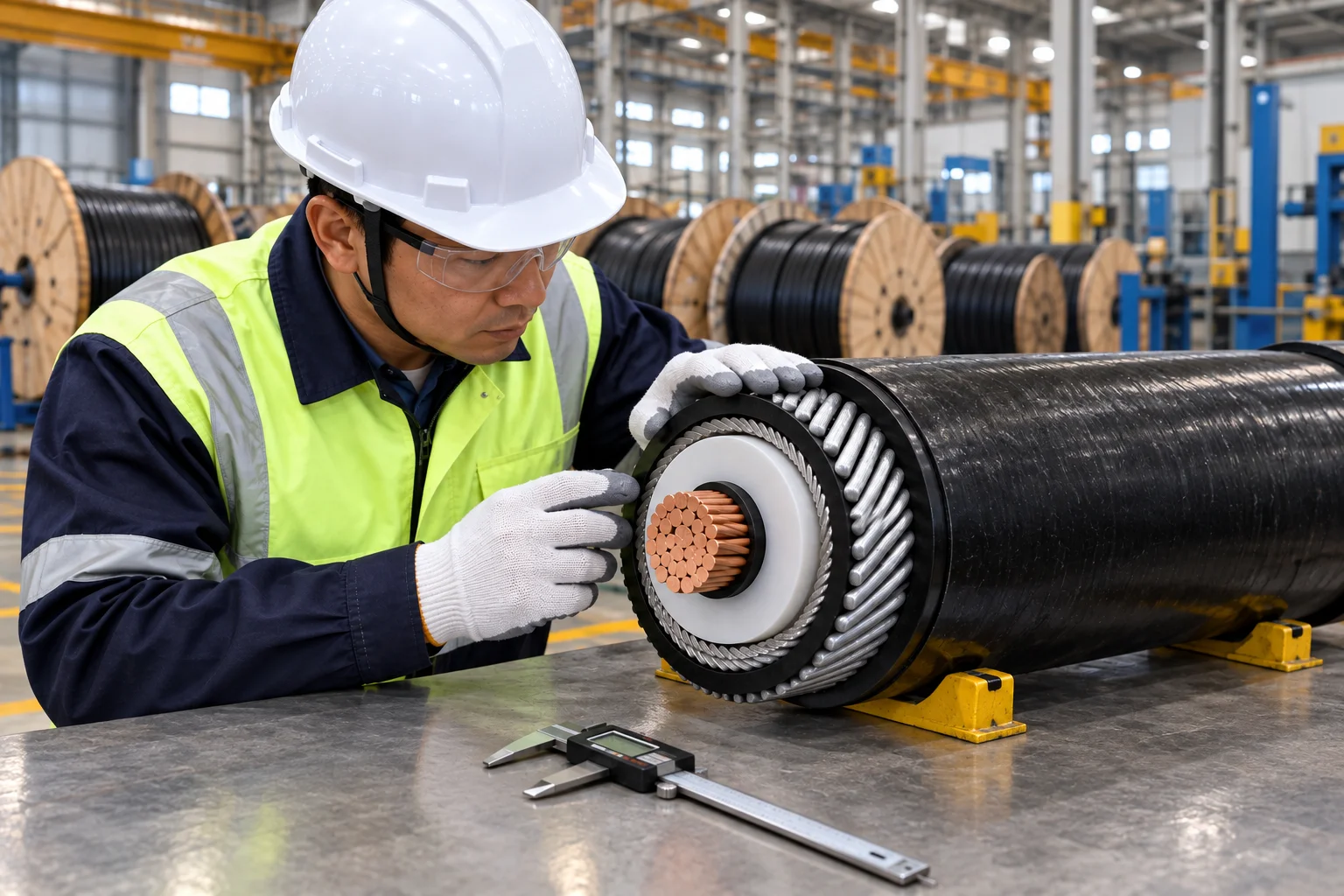 Quality assurance engineers inspecting IEC 60502 compliant XLPE armored cables for an industrial project.